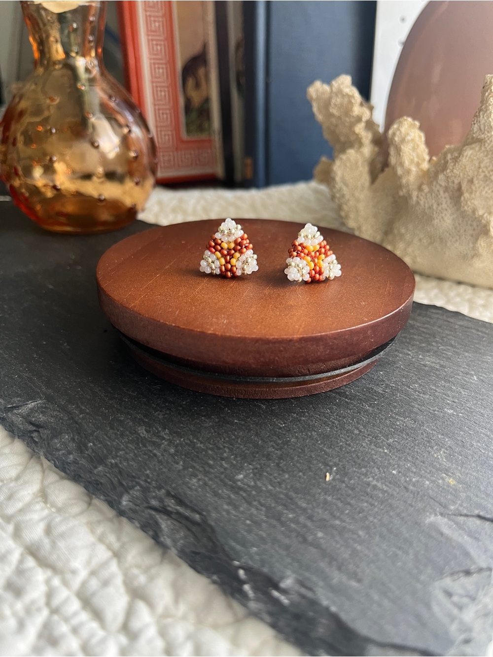 Handcrafted Beaded Triangle Stud Earrings in Orange and White
